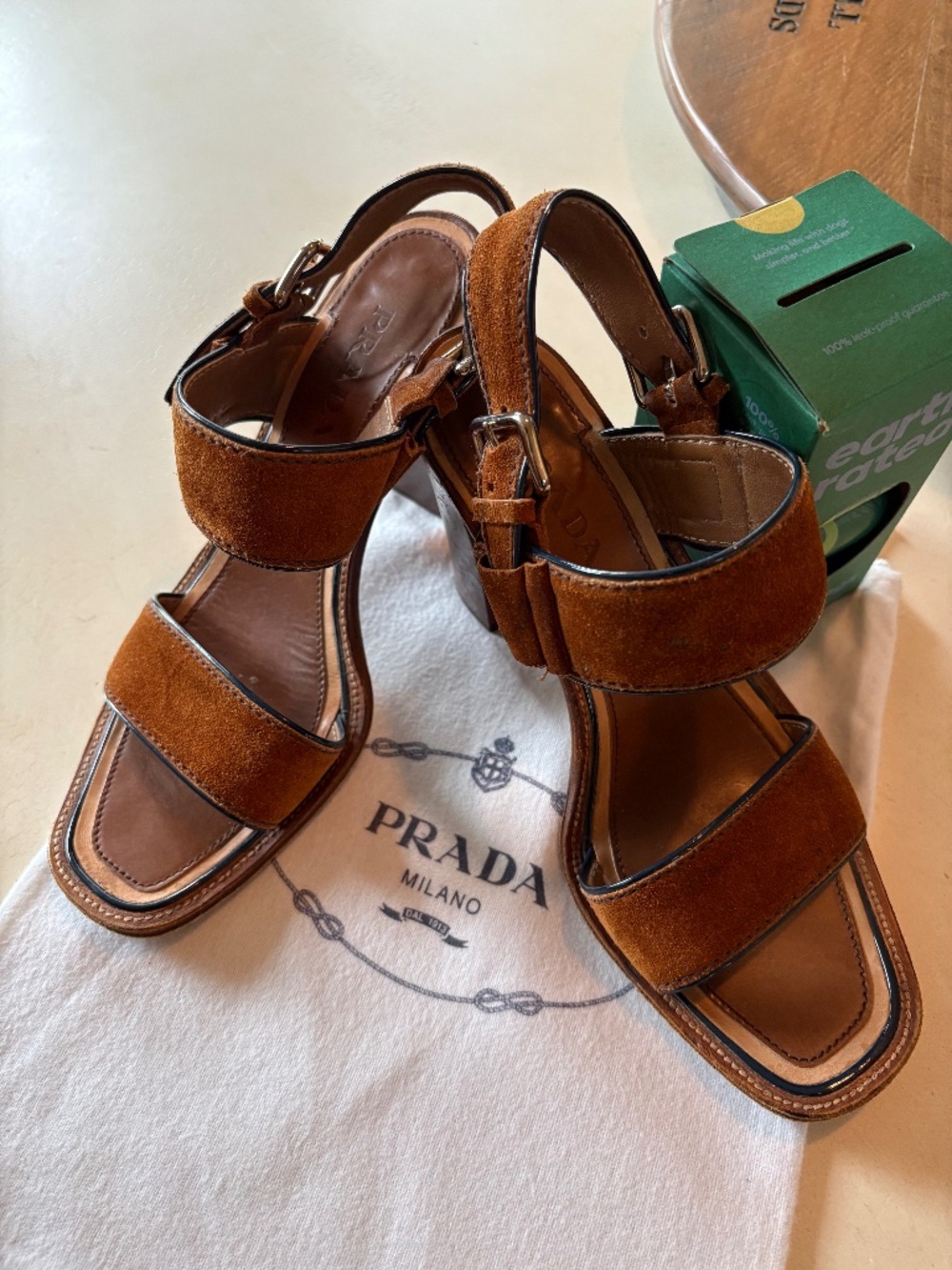 Prada Stacked Heel Sandals Size 37.5 (7.5 US) Brown Suede excellent condition